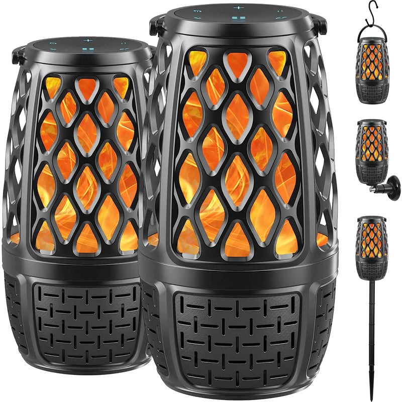 2 Pack Outdoor Bluetooth Speakers Upgrade Multi-Sync Bluetooth Party Speakers with Flame Light Built-in 360° HD Stereo Sound Cool Tech Gadgets Upgraded IPX7 Waterproof for Patio Porch Gift for Men